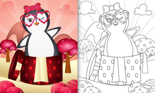 coloring book for kids with a cute penguin in the gift box themed valentine day