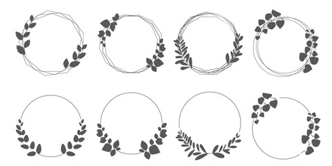 Set of laurel wreath design elements. Black circle border vector ornaments. Wreath decoration with leaves. Vector illustration.リーフデザイン、グリーンリースイラスト、リースイラスト