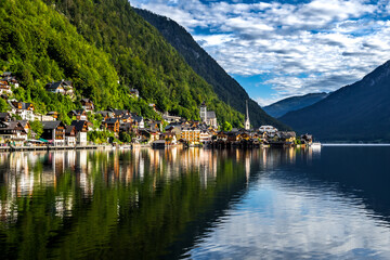 Fototapeta na wymiar Picturesque Lakeside Town Hallstatt At Lake Hallstaetter See In Austria