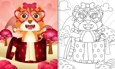 coloring book for kids with a cute tiger in the gift box themed valentine day
