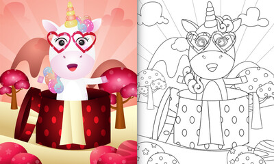 coloring book for kids with a cute unicorn in the gift box themed valentine day