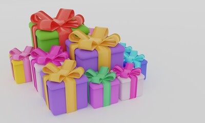 3d render. Group of gift boxes. Left view.