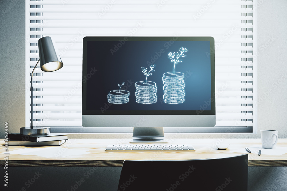 Poster creative abstract cash savings sketch on modern computer monitor, success and solution concept. 3d r