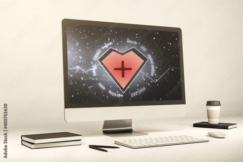 Poster modern computer monitor with creative abstract heart rate hologram. healthcare technolody concept. 3