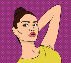 Beautiful friendly young girl with hair bun, dark hair. Pop art style banner