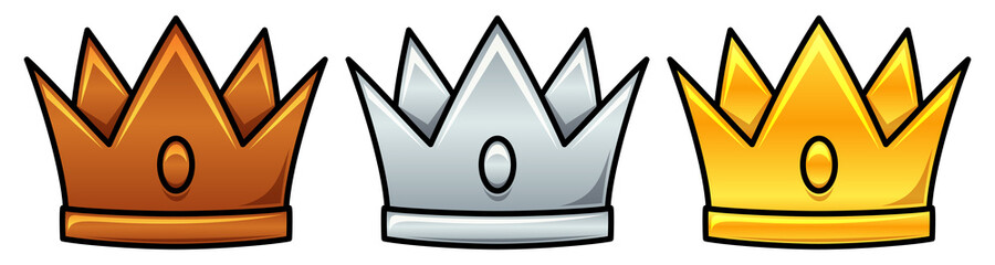 Bronze, silver and golden crown. Symbol for showing different ranks of players or competition participants. For tournament winner, champion and second and third places. Royal icon object for king.