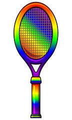 Colorful Rainbow colored tennis racket. Cartoon illustration. Trophy award for champion of tournament or competition. Sports inventory object. Achievement badge for players.
