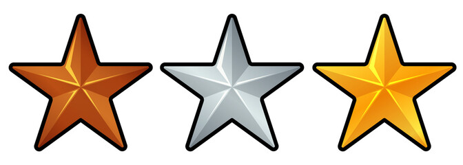 Bronze, silver and golden star icons. Symbols for showing rank or rating of sports participant, player or military service. Shiny metal set of three objects. For decoration and award for competition.