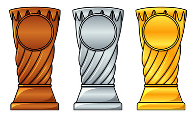 Twisted trophy in bronze, silver and golden colors. Set of three throphies for awarding tournament winners and participants. Ranking icons and symbols for championship of sports with copy space