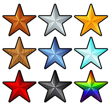 Pack of different stars. Various colors and material options. Isolated illustration on white background. Star icons for ranking system, awards, achievements and winner announcement decoration.