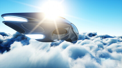 Naklejka na ściany i meble Futuristic sci fi ship flying in the clouds. 3d rendering.