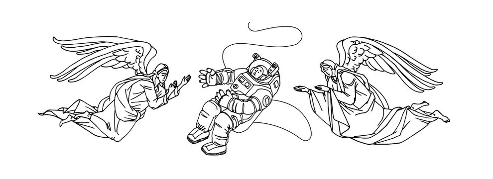 guardian angels rescue an astronaut in outer space, vector illustration with black contour lines isolated on a white background in a hand drawn and cartoon style