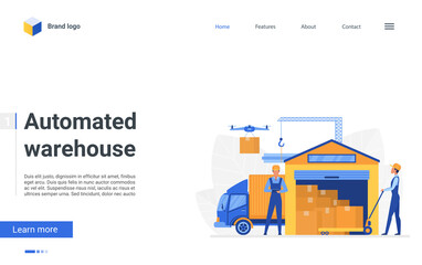 Cartoon automated warehouse landing page, warehousing business delivery company, worker characters packaging containers on truck in storehouse, loading boxes. Warehouse service vector illustration