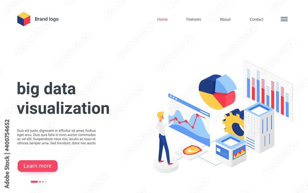 Aufkleber Landing page interface 3d design, cartoon financial analyst character working on research finance statistics, analyzing business graphs and data charts. Isometric big data analysis vector illustration