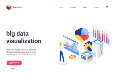 Landing page interface 3d design, cartoon financial analyst character working on research finance statistics, analyzing business graphs and data charts. Isometric big data analysis vector illustration