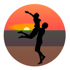 Silhouettes of a man holding a woman. On the background sunset and stars over the sea.