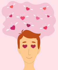 Valentine's Day. Hearts with wings fly around the young guy. Celebrating Valentine's Day. Young man with eyes with hearts.