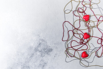 Valentine background with red hearts. Valentine's card with copy space. Design element for romantic greeting card, wedding invitation, women's day card