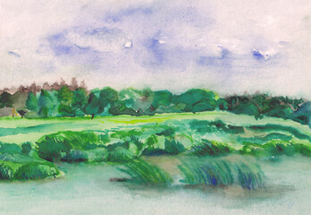 Watercolor river nature landscape. Hand drawn illustration. Summer background.