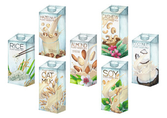 Watercolor collection of plant based milk in cartons with various package design.