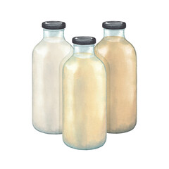 Three watercolor glass bottles of various species of a plant based milk