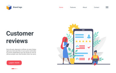 Cartoon client character leaving rating stars, online custom feedback, good or bad experience. Reviewing social media landing page, interface website design, customer people review vector illustration