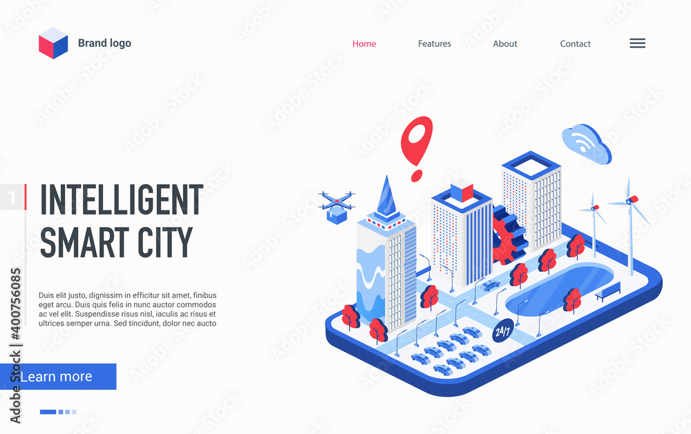 Poster website modern landing page design with futuristic cityscape infrastructure, automation of office bu