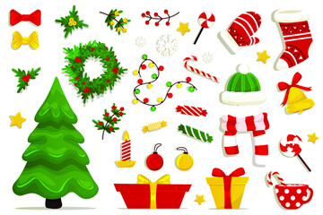 Collection of Christmas elements isolated on green background. Deer, Christmas trees, gift boxes, candles, mistletoe, wreath, bigfoot, gingerbread, candy, pine cones, calendar. Vector illustration
