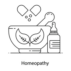 
Herbal medicines inside mortar and pestle, flat outline vector of homeopathy
