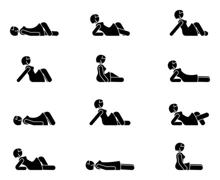 Stick figure woman lie down various positions vector illustration icon set. Female person sleeping, laying, sitting on floor, ground side view silhouette pictogram on white