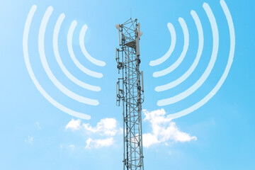 a radio tower with antennas that broadcasts a signal against the background of a blue sky with...