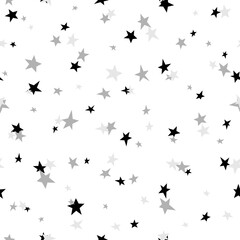 Fototapeta na wymiar Seamless abstract pattern with black and grey hand drawn shabby stars of different size on white background.