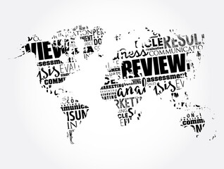 Fototapeta na wymiar Review word cloud in shape of world map, concept background