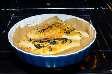 Home baked pies. Pies on a baking sheet in the oven.