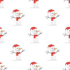 Seamless pattern with a snowman in a red hat and scarf. Suitable for postcards, backgrounds, books and posters. Vector illustration.