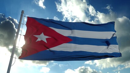 Cuba flag waving in the wind against deep blue sky. National theme, international concept. 3d rendering