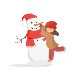 The girl makes a snowman. Snowman, girl in warm winter clothes. Isolated on white background. Cartoon, vector illustration.