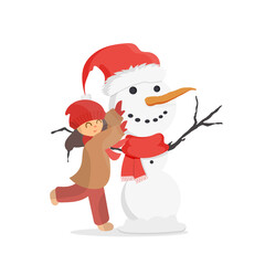 The girl makes a snowman. Snowman, girl in warm winter clothes. Isolated on white background. Cartoon, vector