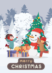 Merry christmas postcard. Children make a snowman in a snowy forest. Snowman, girl in warm winter clothes. Cartoon, vector illustration.