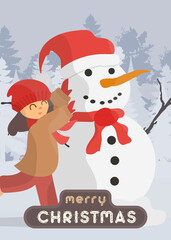 Merry christmas postcard. A girl sculpts a snowman in a snowy forest. Snowman, girl in warm winter clothes. Cartoon, vector