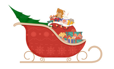 Red sleds of Santa Claus with gifts. Vector isolated on white background. Cartoon style design.