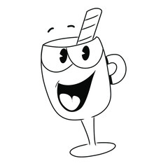 smiling mug or glass with a straw on a white background. retro style, old cartoons