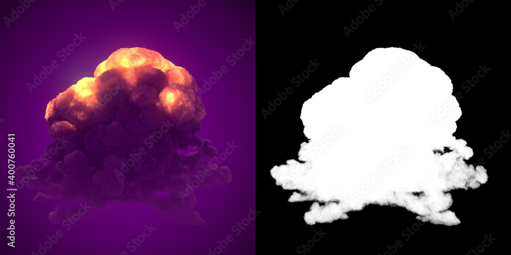 Aufkleber Explosion with thick smoke on violet background with alpha channel. 3d rendering