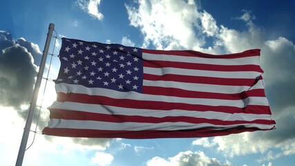 American flag flying in the wind at sunny day. USA flag on clear blue sky. Official flag of the United States of America. 3d rendering