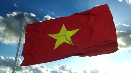 Vietnam flag waving in the wind against deep blue sky. 3d rendering