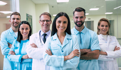 Fototapeta premium Happy team of successful and confident modern medical doctors are posing and looking on the camera at the hospital corridor