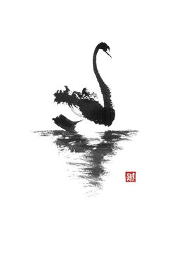 Japanese style sumi-e painting with floating swan.