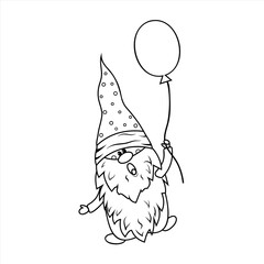 Gnome with balloon coloring book for kids, vector illustration black outline, children's creativity, hobby, hobby, design, print