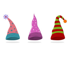 A set of colorful dwarf hats. Color vector illustration in the style of flat, clipart, design, decoration, paper scrapbooking