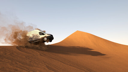 Lieferwagen springt über Düne in Wüste bei Lieferung - obrazy, fototapety, plakaty